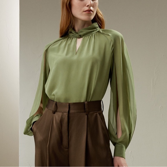 LilySilk Side Slit Lantern Sleeve Silk Blouse in Pistachio - Picture 5 of 9